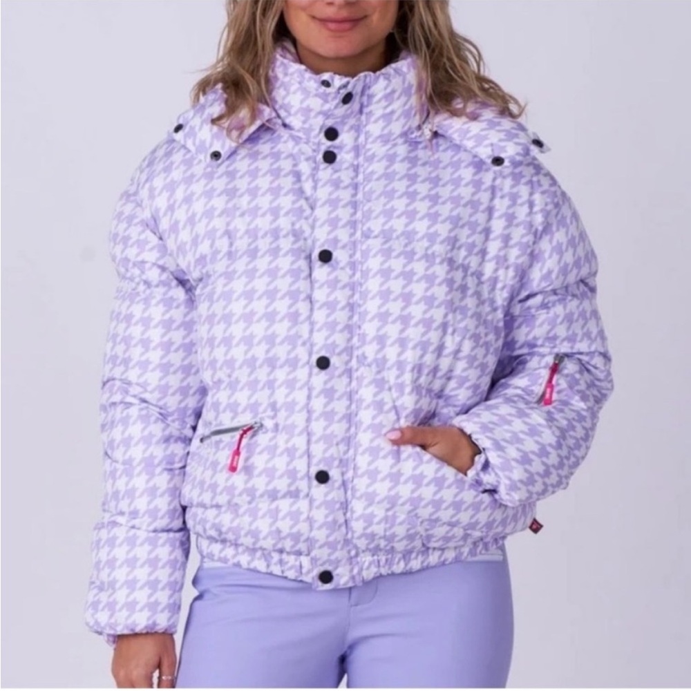 OOSC purple houndstooth chic ski puffer jacket size large